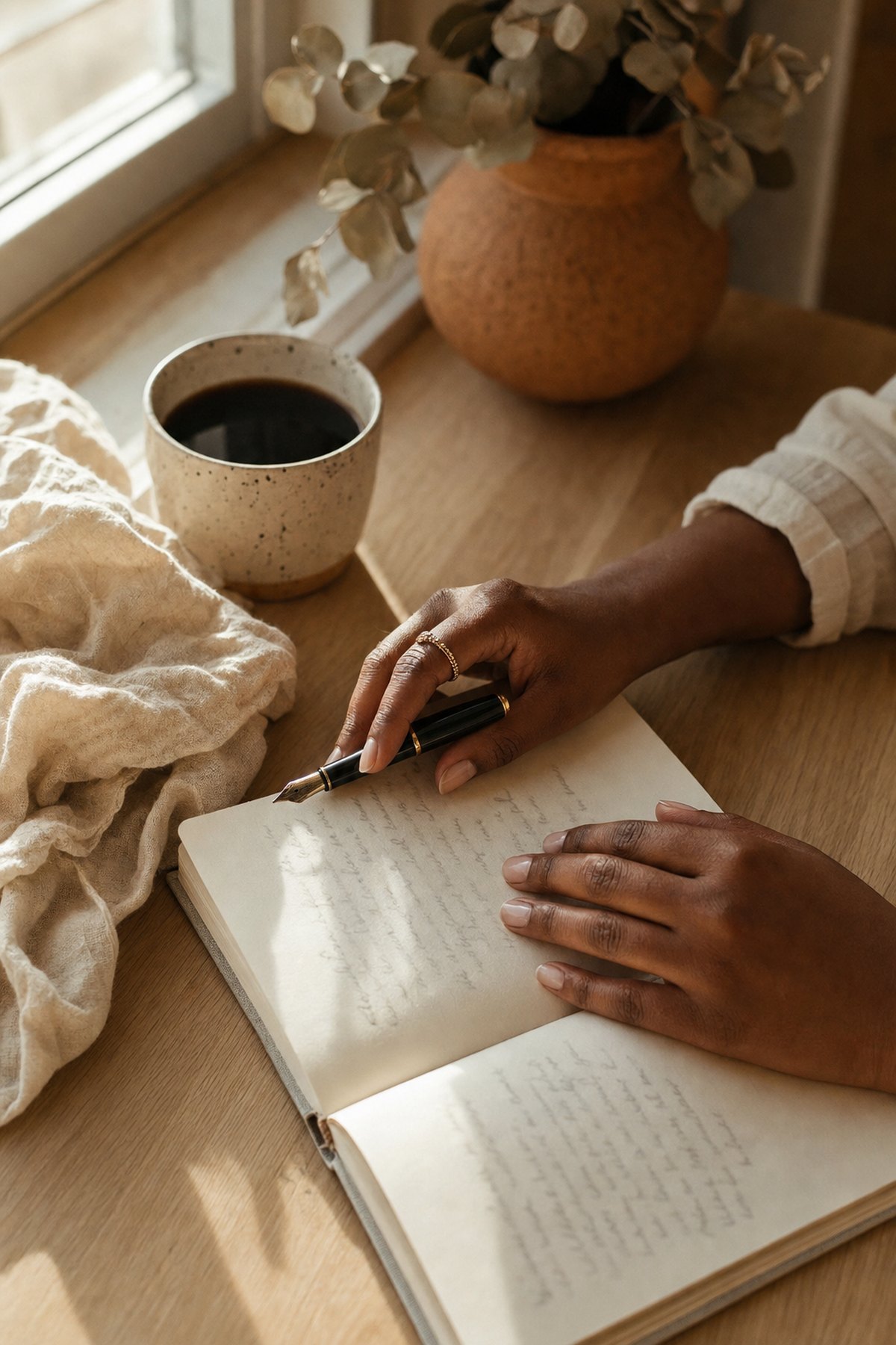 Hands resting over an open journal filled with handwriting on a pale oak table, beside a speckled mug of coffee in warm morning light