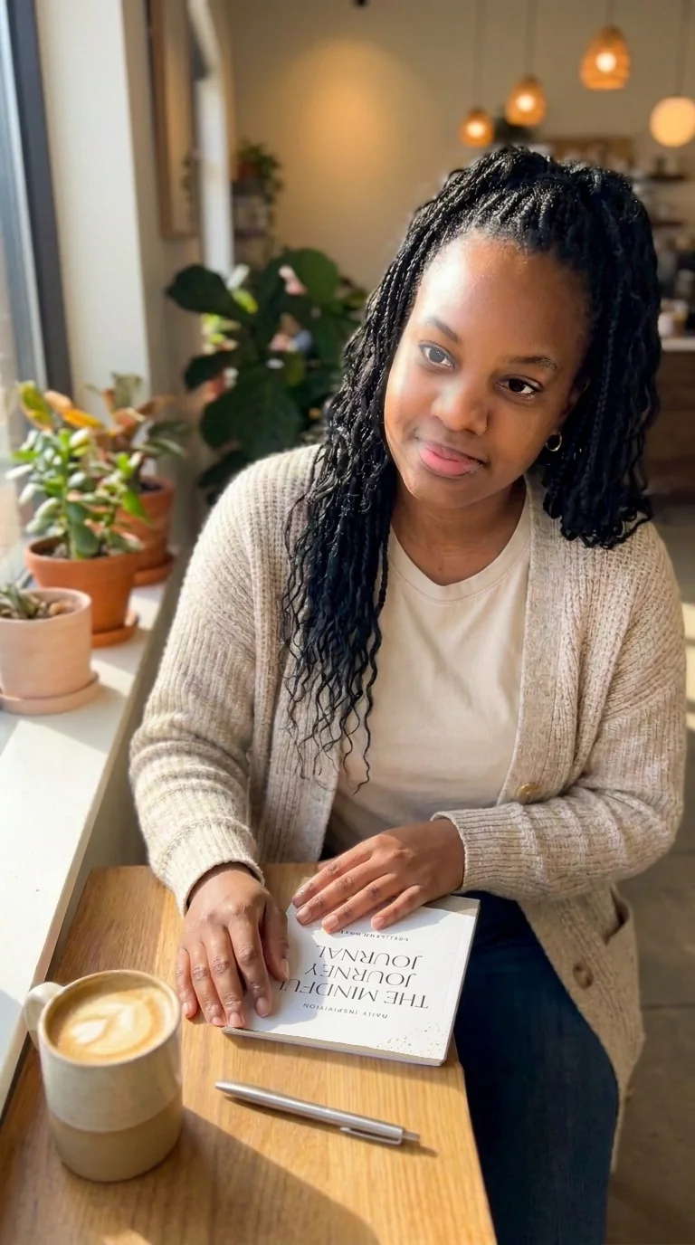 Leslieann at a sunny cafe table with a latte, her hands resting on The Mindful Journey Journal