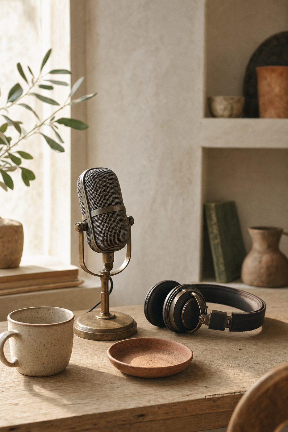 A vintage-style microphone on a brass stand beside headphones and a stoneware mug on a pale oak table