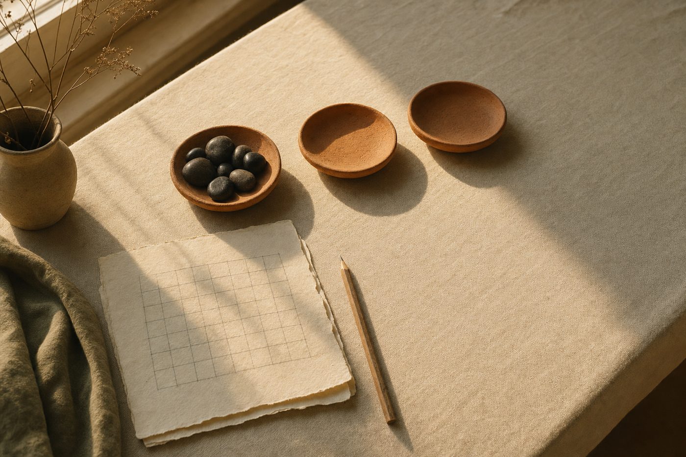 Three small terracotta dishes and a hand-drawn grid on paper in low afternoon light