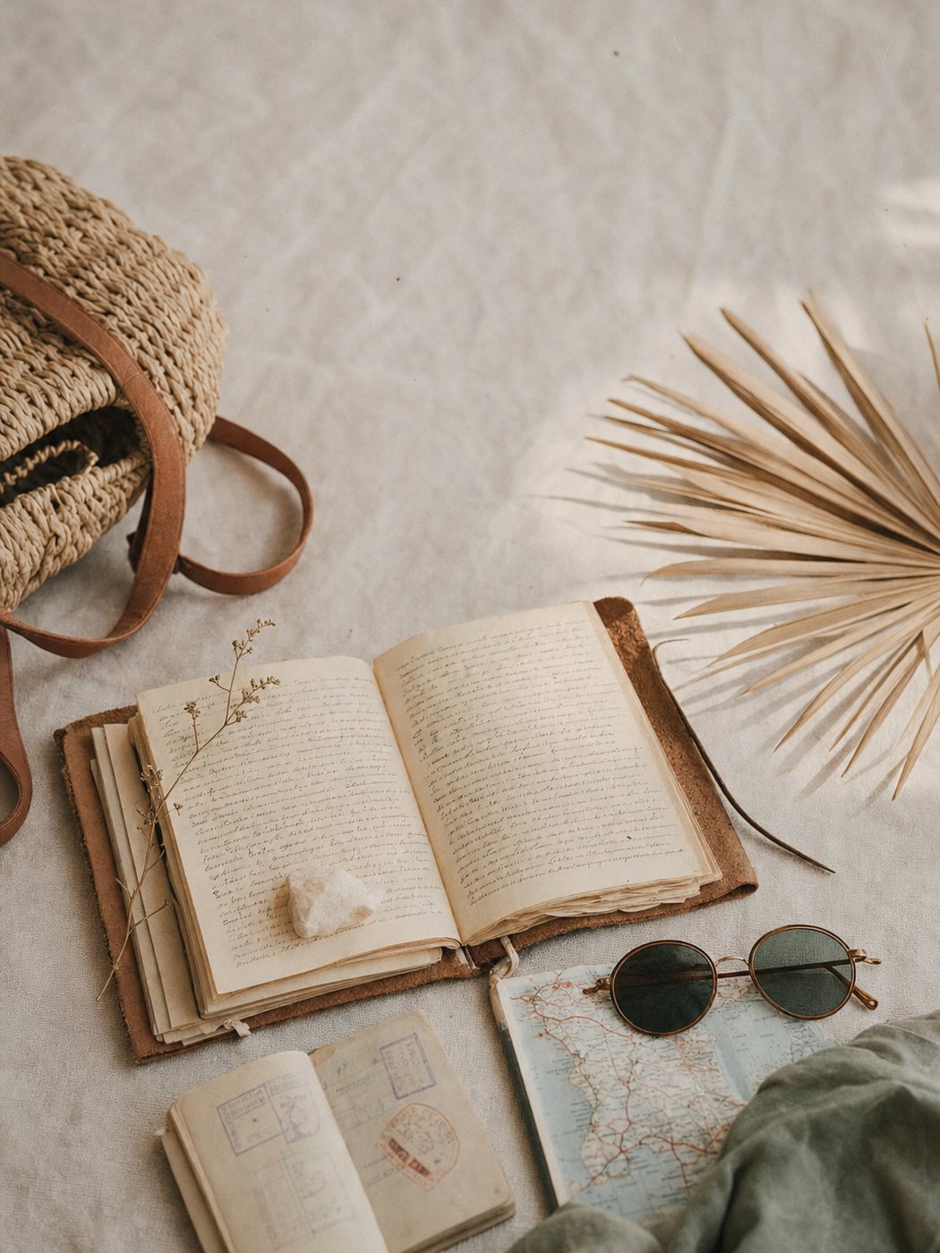 An open handwritten travel journal on cream linen beside a stamped passport, a folded paper map, round sunglasses and a woven straw bag in soft daylight