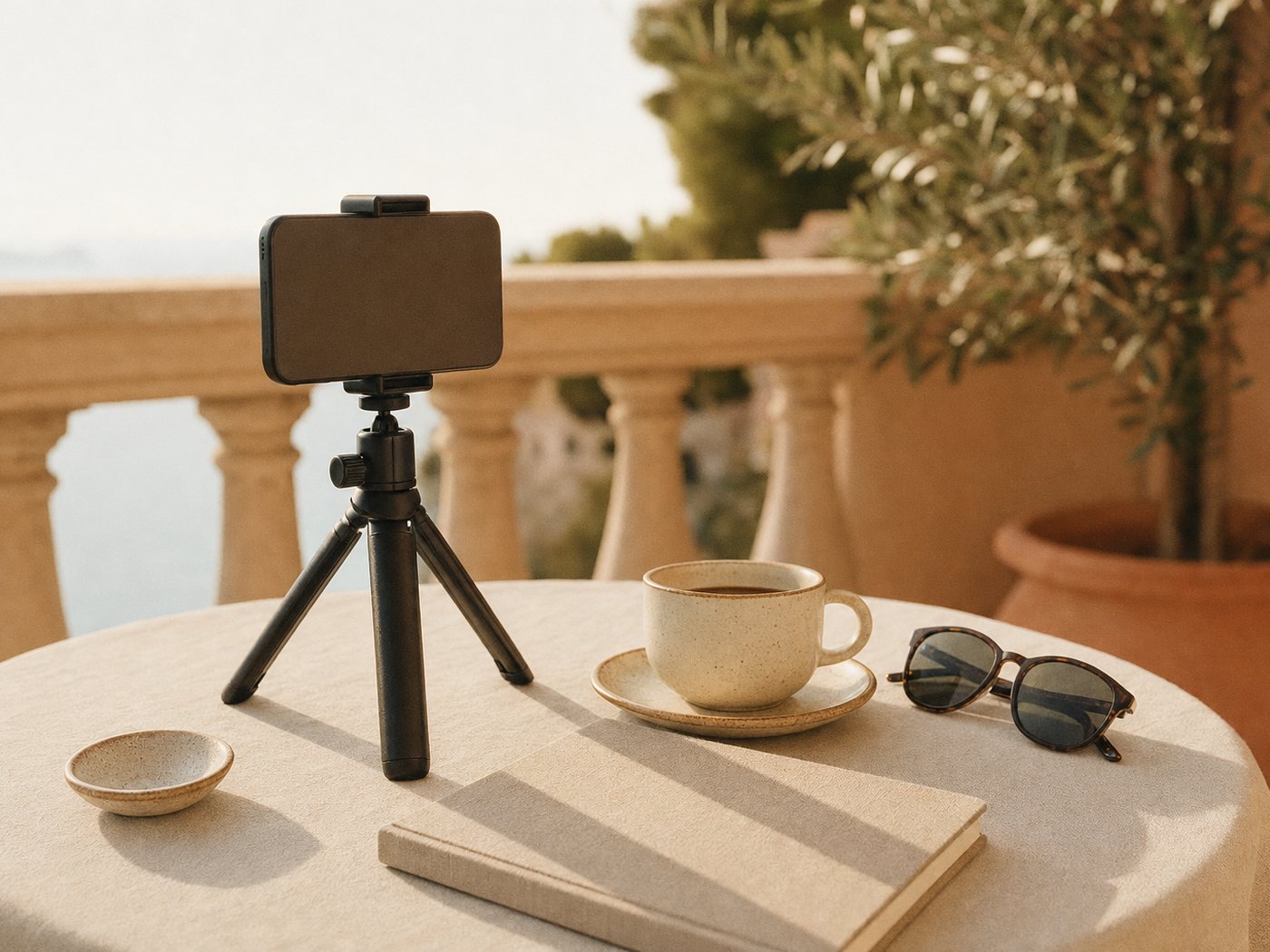 A phone on a small tripod beside a linen notebook, a coffee cup and sunglasses on a sunlit balcony table