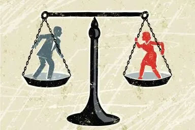 Balance scale with a woman on one side and a man on the other